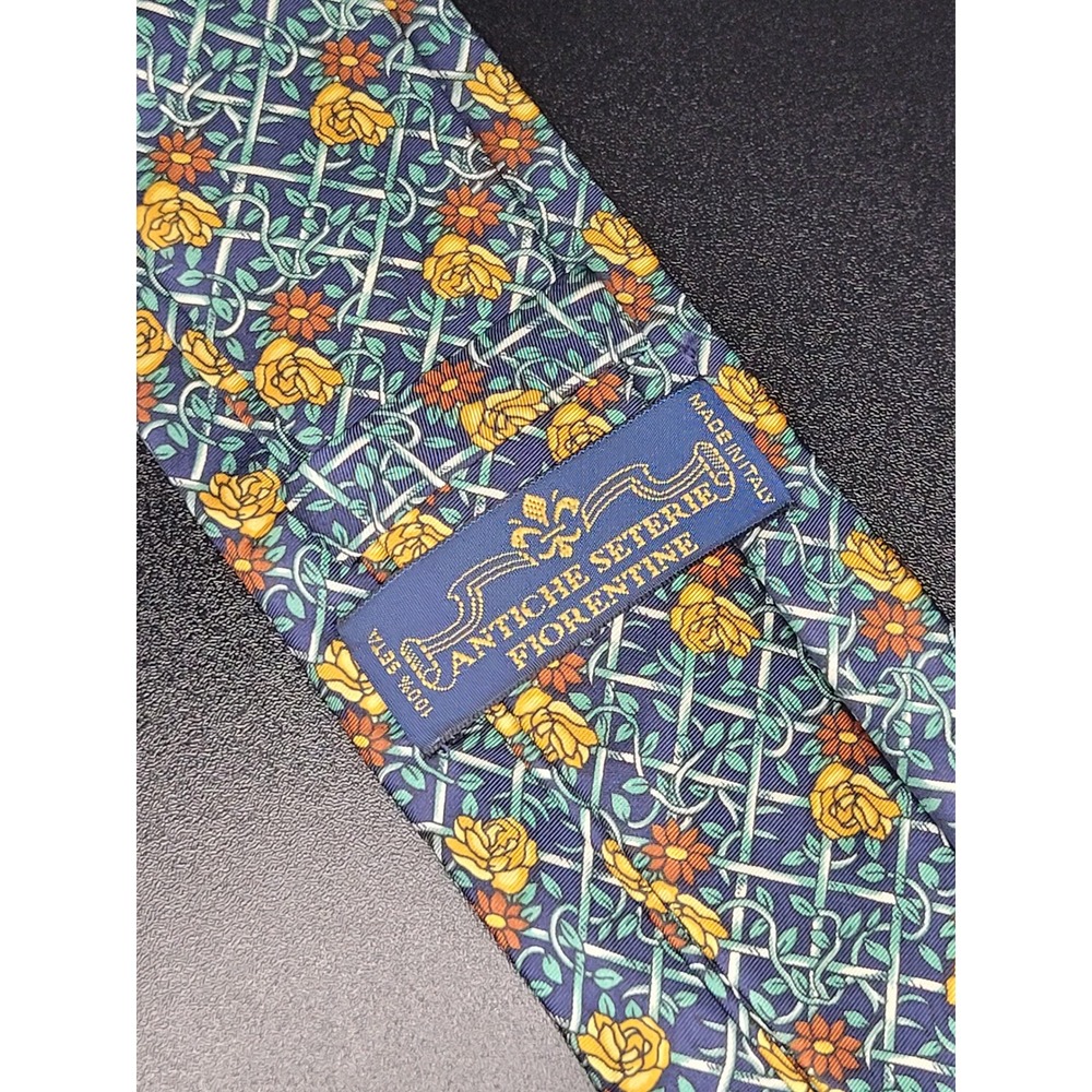 Antiche Seterie Fiorentine Tie Blue Yellow Floral Trellis 100% Silk Italy EX